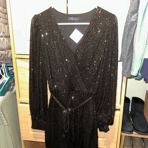 Black Sequin Wrap Dress